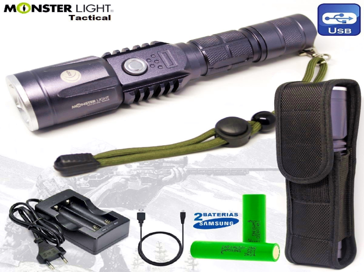 Kit lanterna tatica MonsterLight P-600 usb com zoom