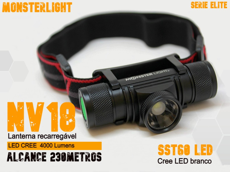 Lanterna cabeça MonsterLight NV18 com baterias recarregáveis