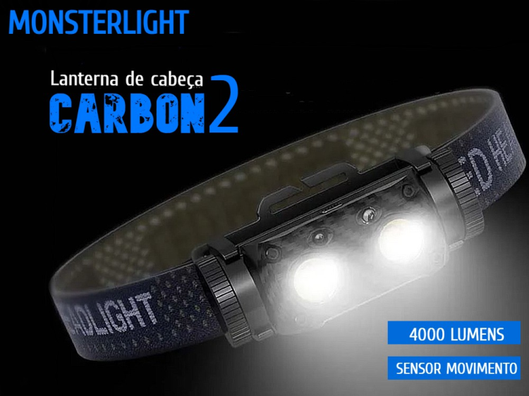 Lanterna cabeça MonsterLight Carbon 2 com bateria recarregável Samsung
