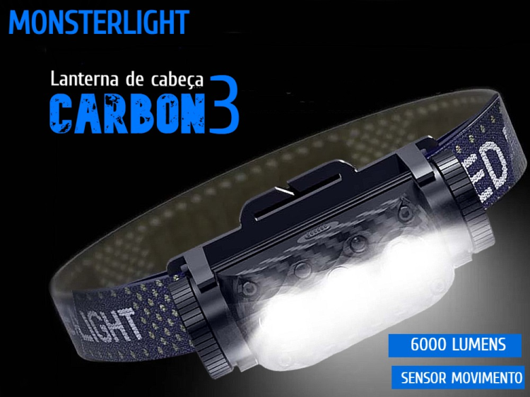 Lanterna cabeça MonsterLight Carbon 3 com bateria recarregável Samsung