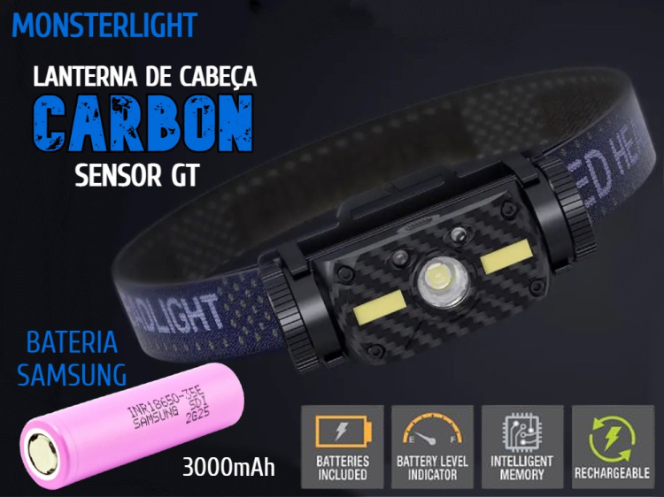 Lanterna cabeça MonsterLight Carbon Sensor GT com bateria recarregável Samsung 