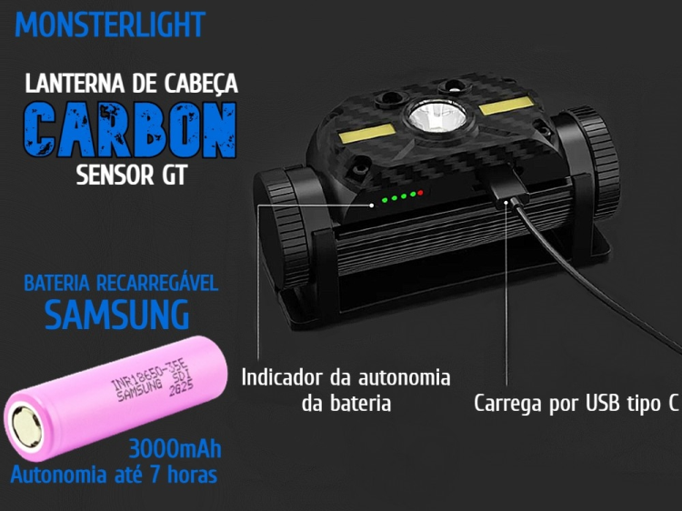 Lanterna cabeça MonsterLight Carbon Sensor GT com bateria recarregável Samsung 