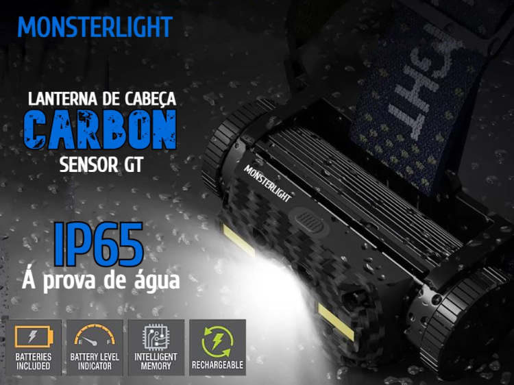 Lanterna cabeça MonsterLight Carbon Sensor GT com bateria recarregável Samsung 