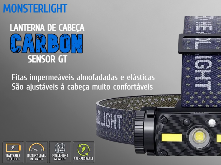 Lanterna cabeça MonsterLight Carbon Sensor GT com bateria recarregável Samsung 