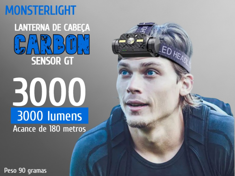 Lanterna cabeça MonsterLight Carbon Sensor GT com bateria recarregável Samsung 