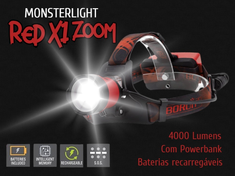 Kit lanterna cabeça MonsterLight Red X1 com baterias recarregáveis