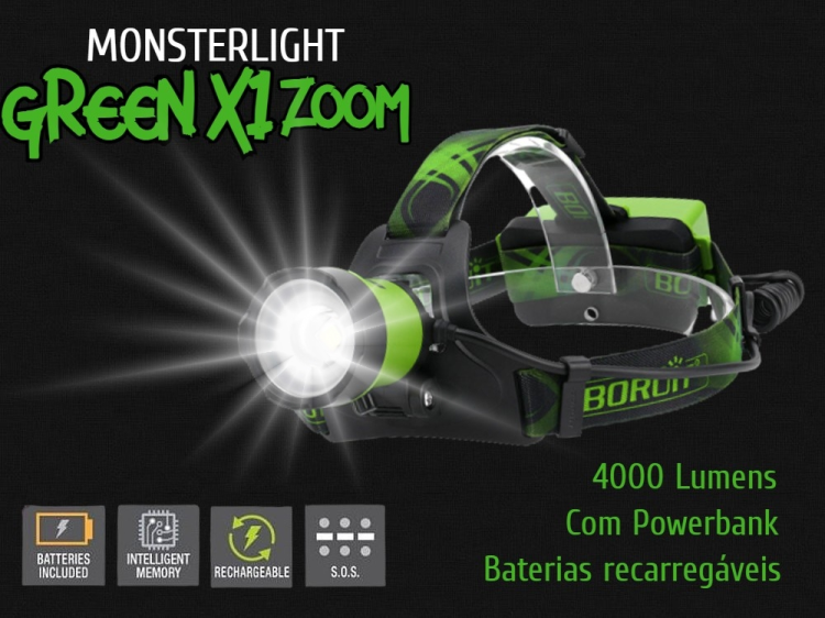 Kit lanterna cabeça MonsterLight Green X1 com baterias recarregáveis