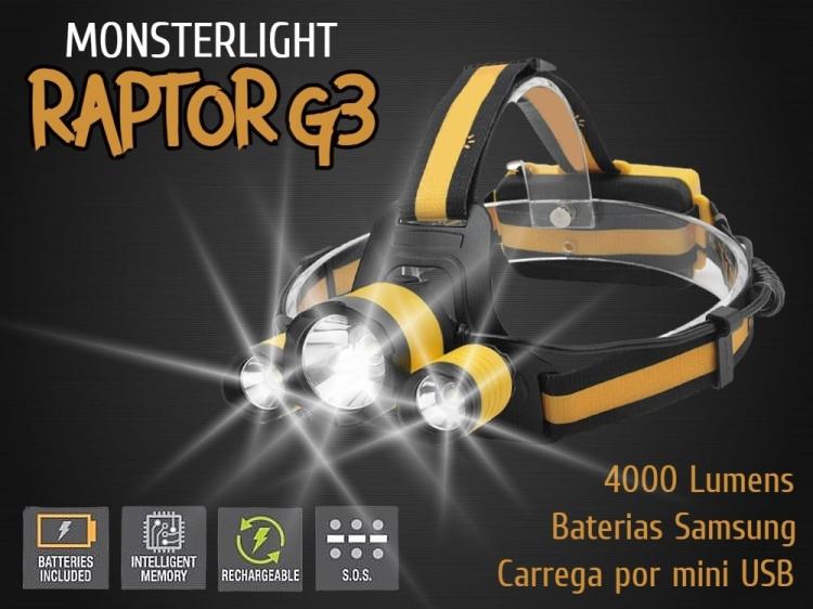 Kit lanterna cabeça MonsterLight Raptor G3 com baterias recarregáveis