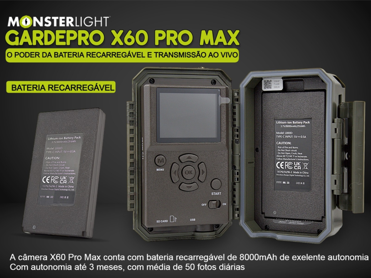 Câmera GardePro X60 Pro Max com bateria aplicação e transmissão em direto