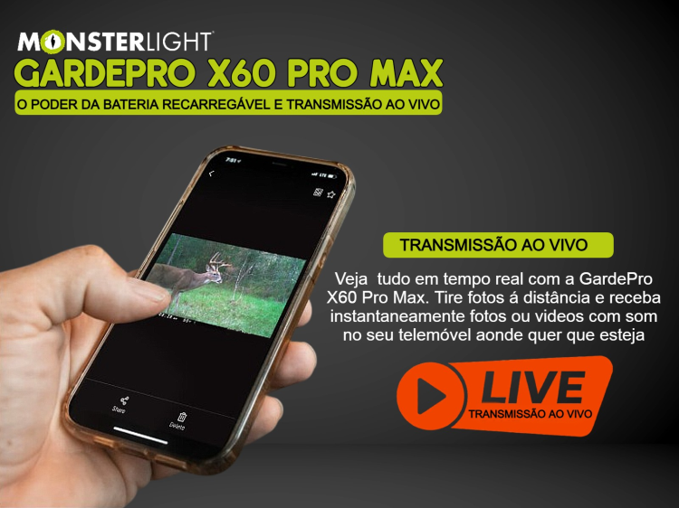 Câmera GardePro X60 Pro Max com bateria aplicação e transmissão em direto 