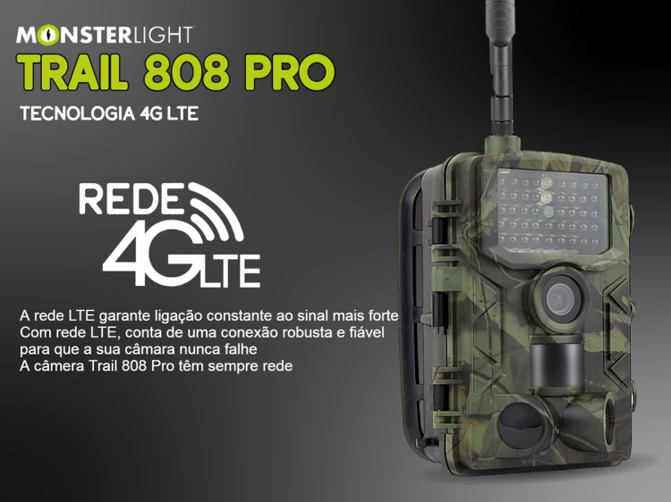 Câmera Trail 808Pro LTE com aplicação para telemóvel e envio de fotos e vídeos