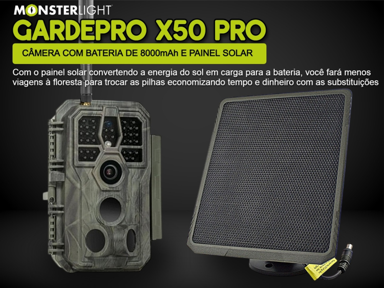 Câmera GardePro X50 Pro com bateria e painel solar e envio de fotos e vídeos 