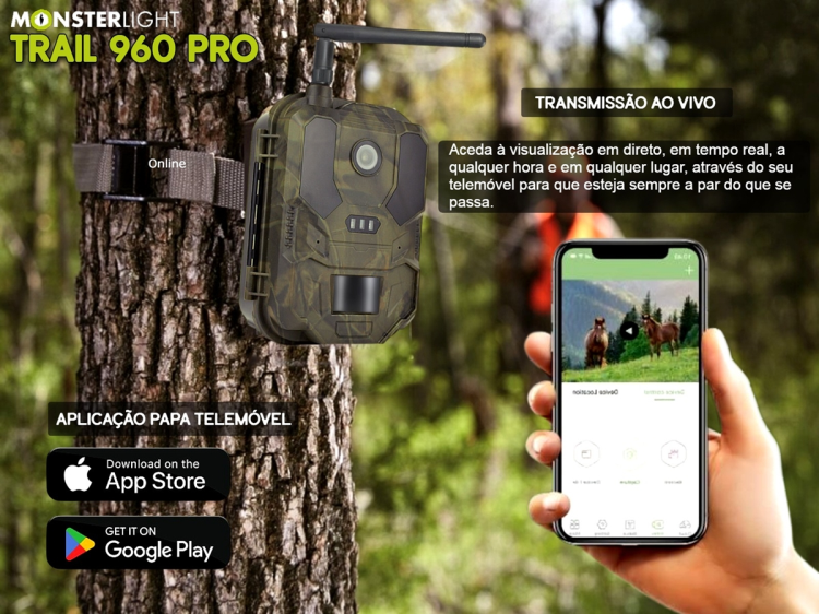 Câmera Trail 960 Pro LTE com bateria e aplicação para o telemóvel e envio de fotos e vídeos