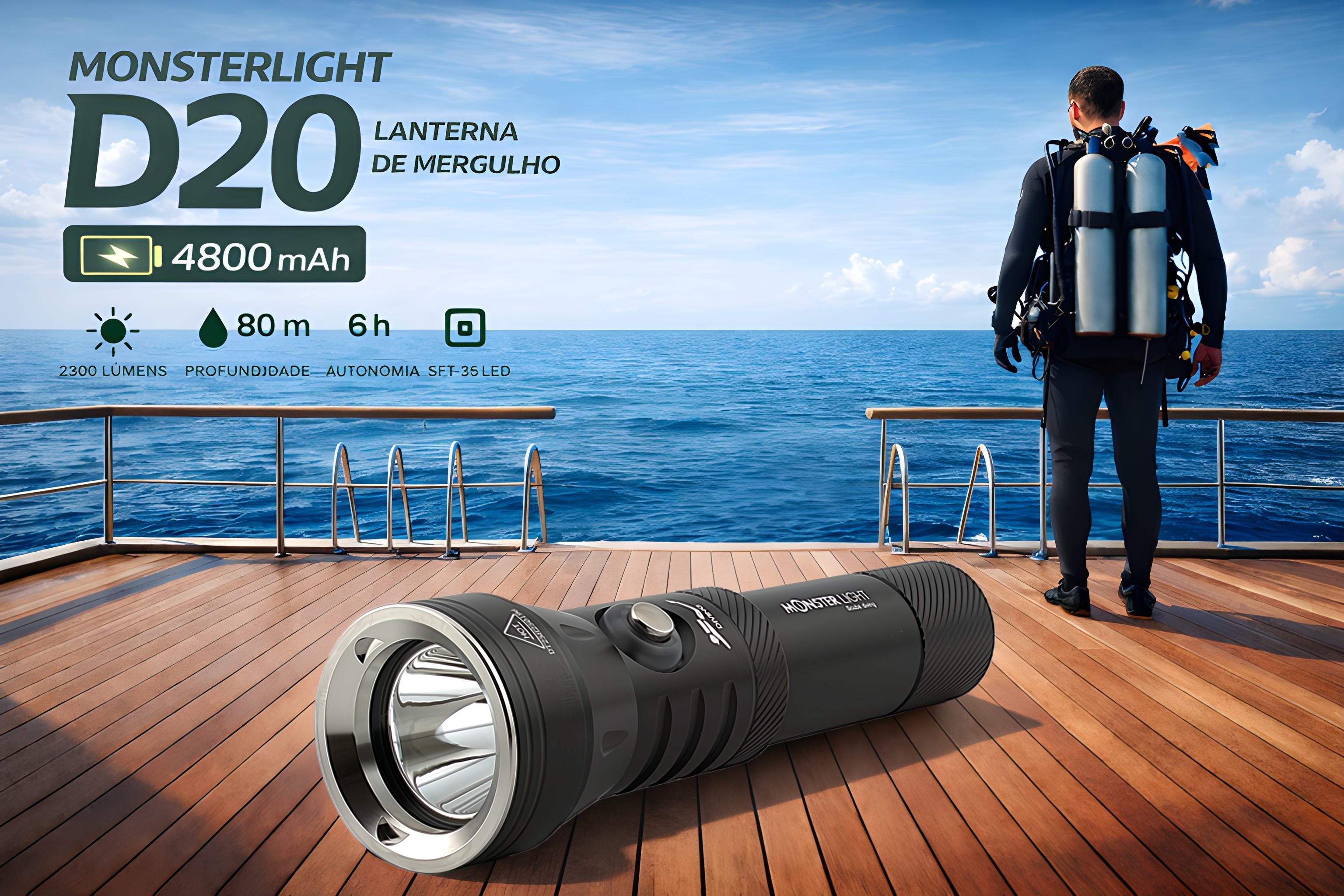 Lanterna de Mergulho D20 com bateria recarregável