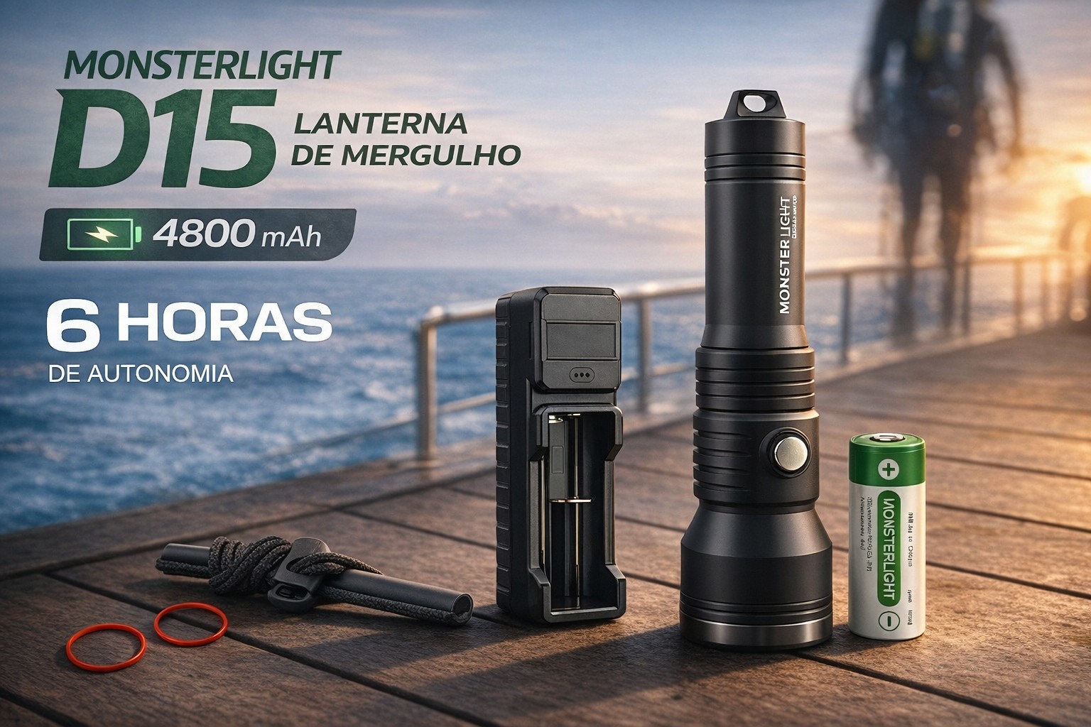 Lanterna de Mergulho D15 com bateria recarregável