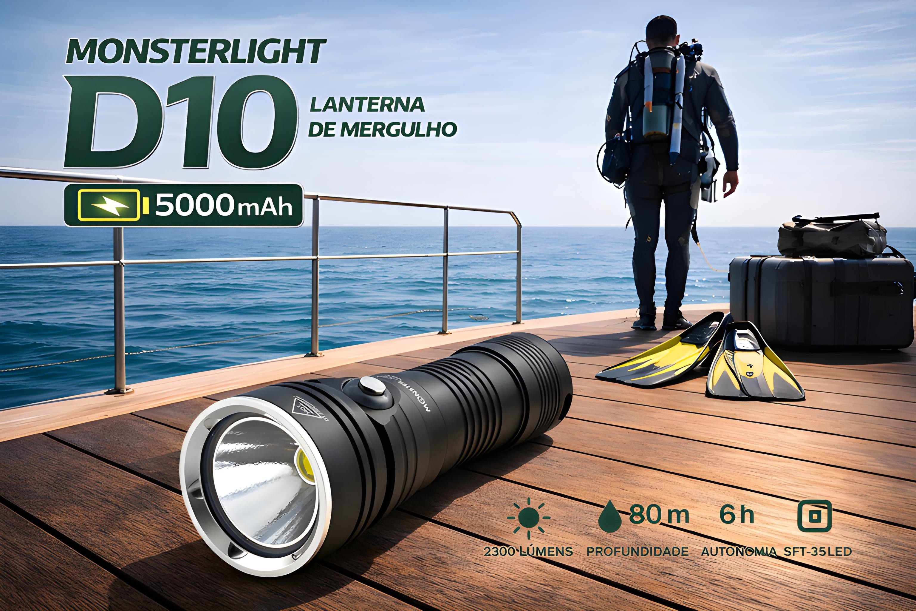 Lanterna de Mergulho D10 com bateria recarregável