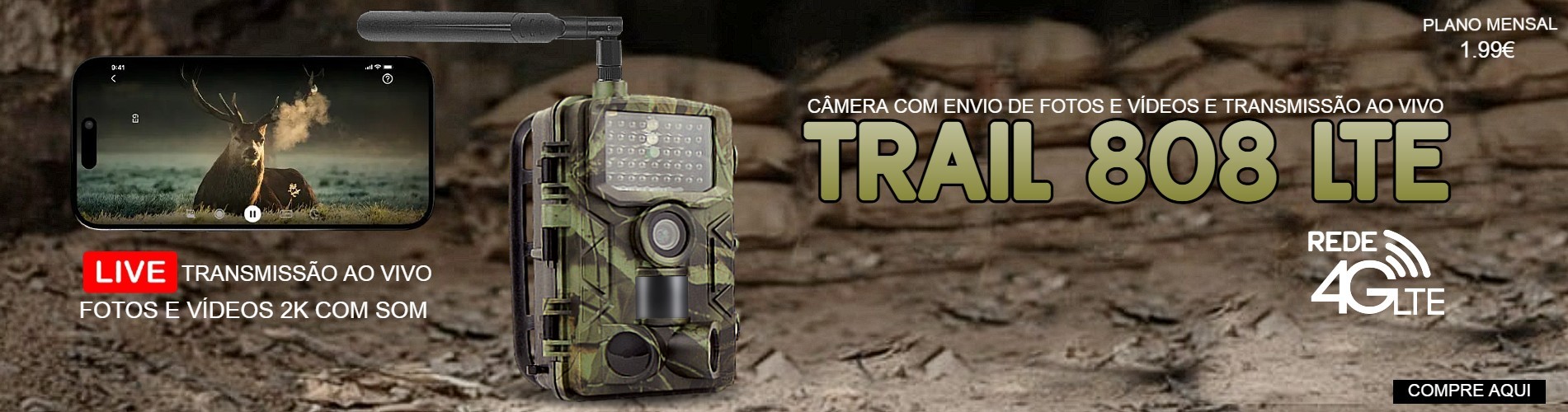 Câmera Trail 808Pro LTE com aplicação para telemóvel e envio de fotos e vídeos