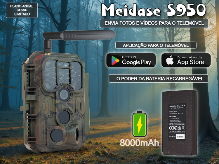 Câmera Meidase S950 LTE com bateria e aplicação para o telemóvel