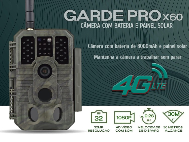Câmera Garde Pro X60 LTE com aplicação com bateria e painel solar