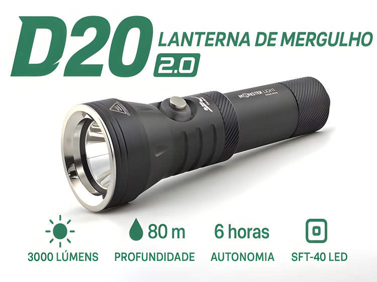 Lanterna de Mergulho D20 com bateria recarregável