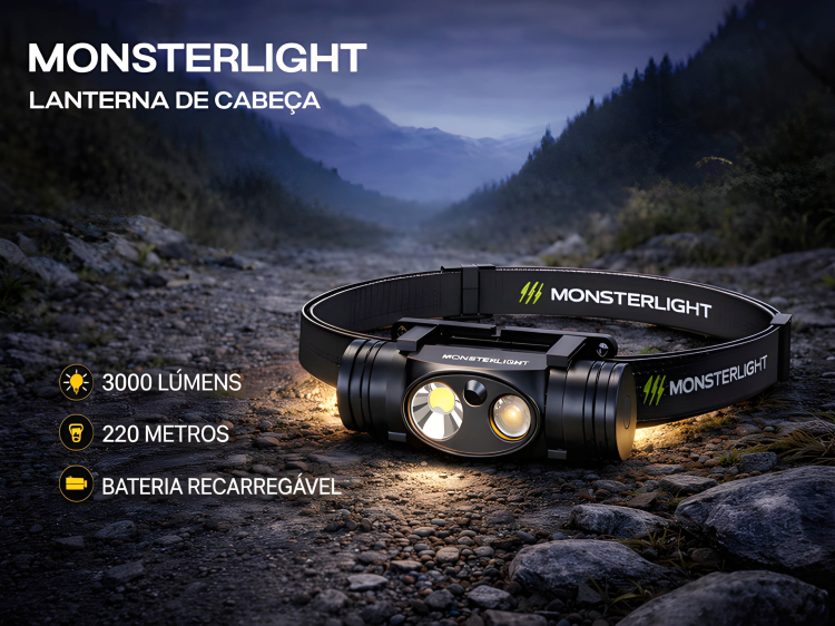 Lanterna de Cabeça Monsterlight com Bateria Recarregável