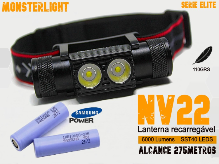 Lanterna cabeça MonsterLight NV22 com 2 baterias recarregáveis Samsung 