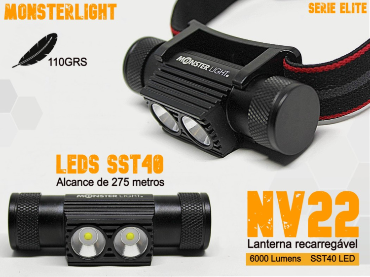 Lanterna cabeça MonsterLight NV22 com 2 baterias recarregáveis Samsung 