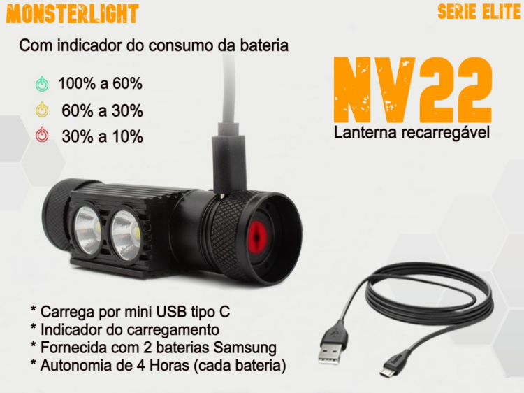 Lanterna cabeça MonsterLight NV22 com 2 baterias recarregáveis Samsung 