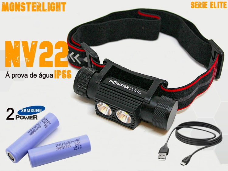 Lanterna cabeça MonsterLight NV22 com 2 baterias recarregáveis Samsung 