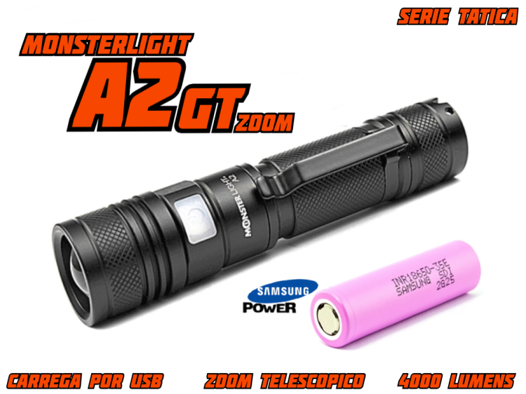 Kit lanterna tatica MonsterLight A2GT com bateria recarregável Samsung