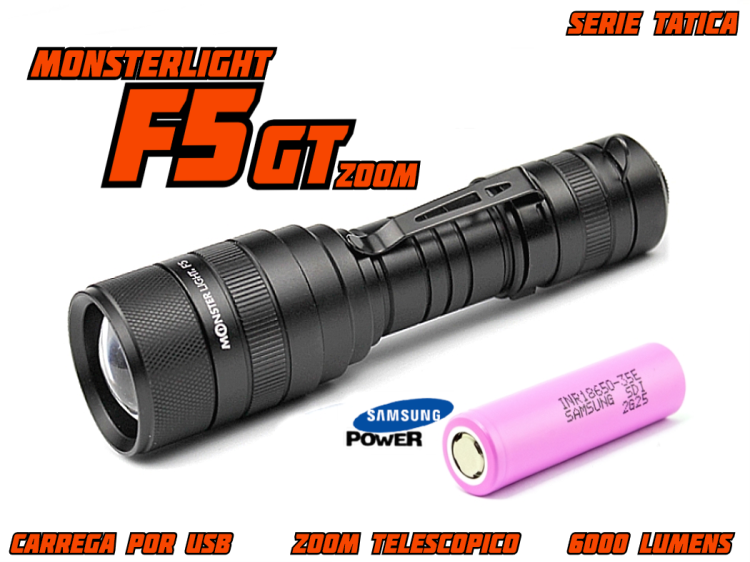 Kit lanterna tatica MonsterLight F5GTcom bateria recarregável Samsung