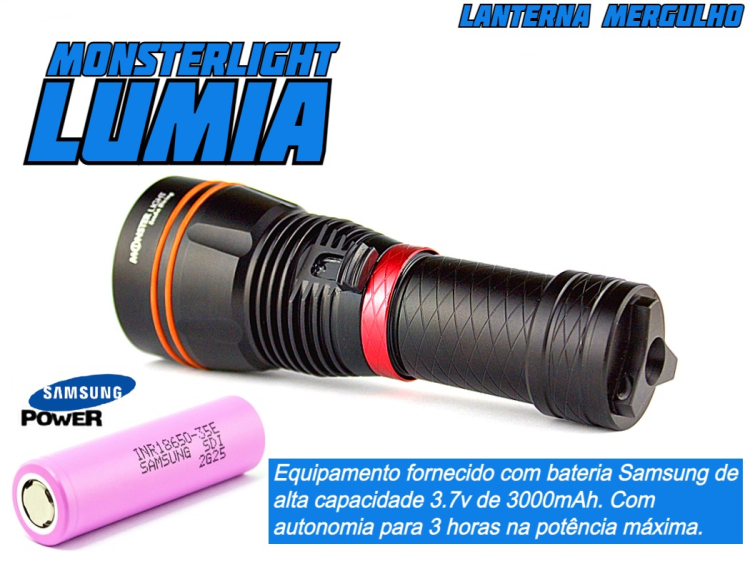 Kit lanterna mergulho MonsterLight Lumia com bateria recarregável Samsung 