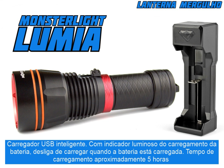 Kit lanterna mergulho MonsterLight Lumia com bateria recarregável Samsung 