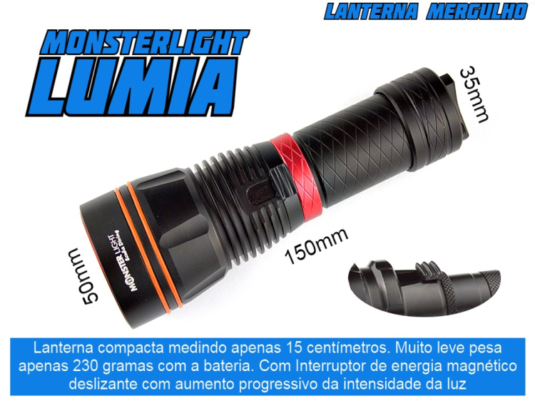 Kit lanterna mergulho MonsterLight Lumia com bateria recarregável Samsung 