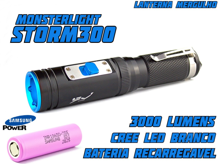 Kit lanterna mergulho MonsterLight Storm 300 com bateria recarregável Samsung