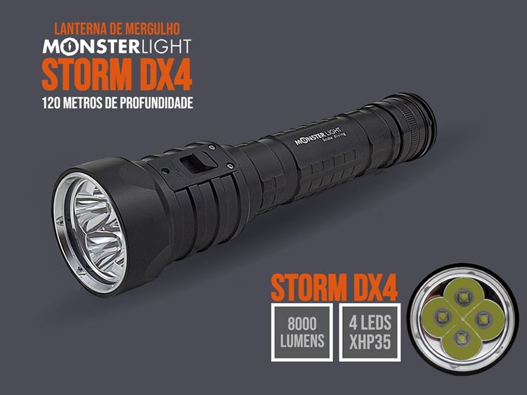 Kit lanterna mergulho MonsterLight Storm DX4 com baterias recarregáveis 