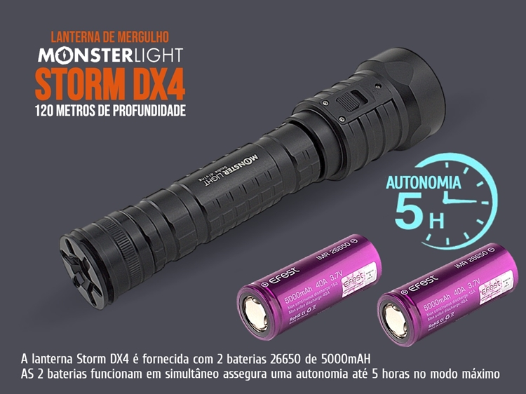 Kit lanterna mergulho MonsterLight Storm DX4 com baterias recarregáveis 