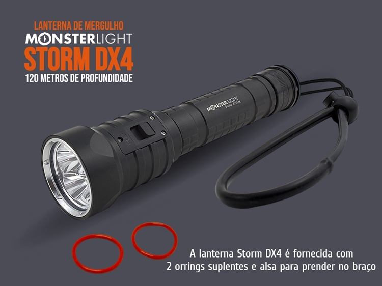 Kit lanterna mergulho MonsterLight Storm DX4 com baterias recarregáveis 