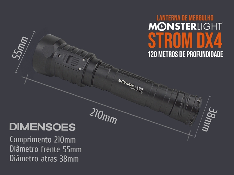Kit lanterna mergulho MonsterLight Storm DX4 com baterias recarregáveis 