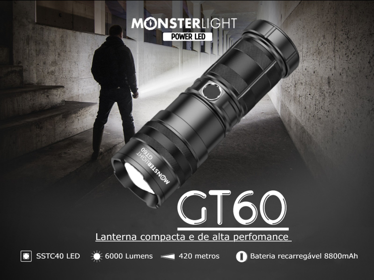 Lanterna Monsterlight GT60 com bateria recarregável