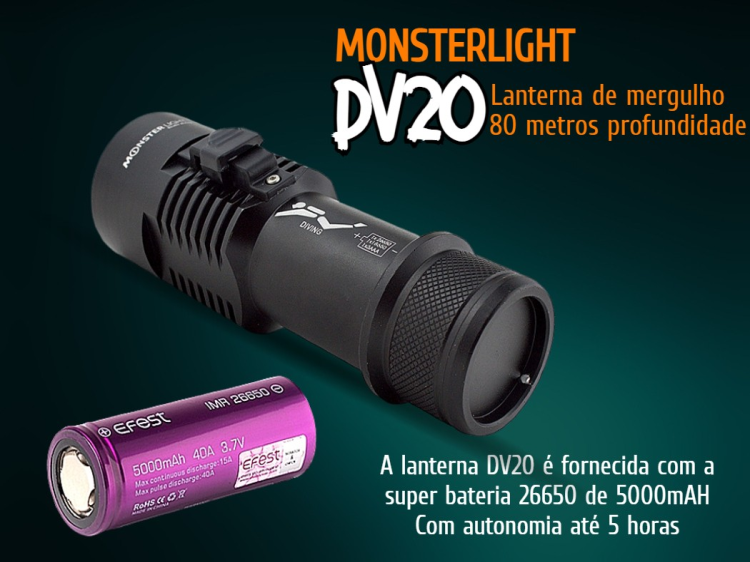 Kit lanterna mergulho MonsterLight DV20 com bateria recarregável 
