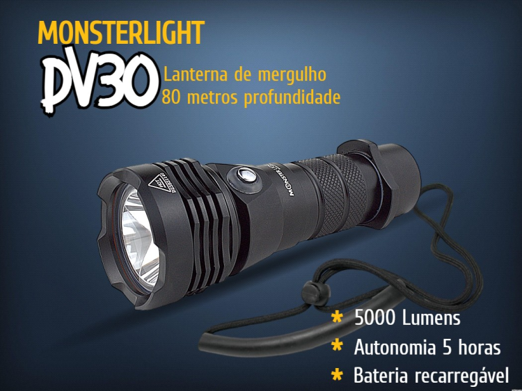 Kit lanterna mergulho MonsterLight DV30 com bateria recarregável