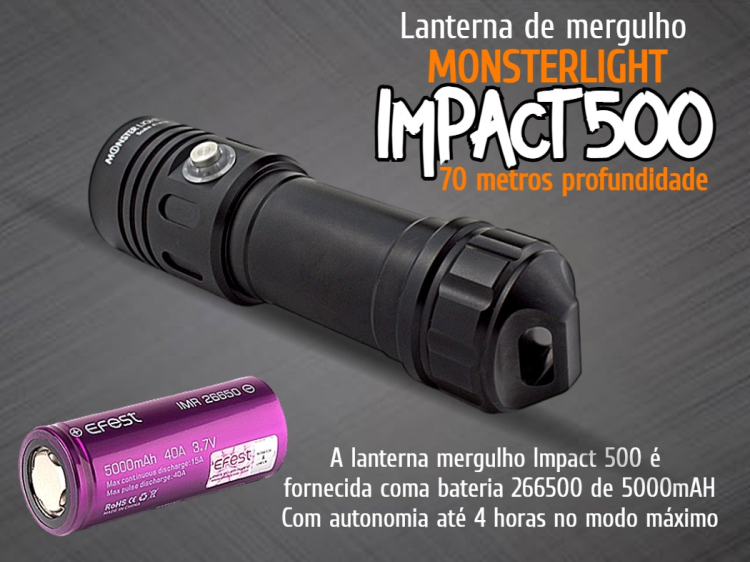 Kit lanterna mergulho MonsterLight Impact 500 bateria recarregável 