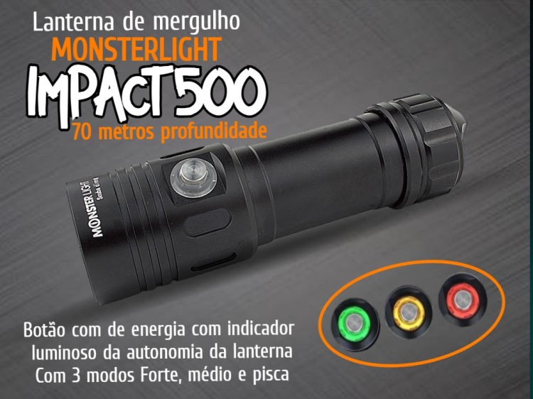 Kit lanterna mergulho MonsterLight Impact 500 bateria recarregável 