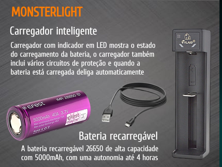 Kit lanterna mergulho MonsterLight Impact 500 bateria recarregável 