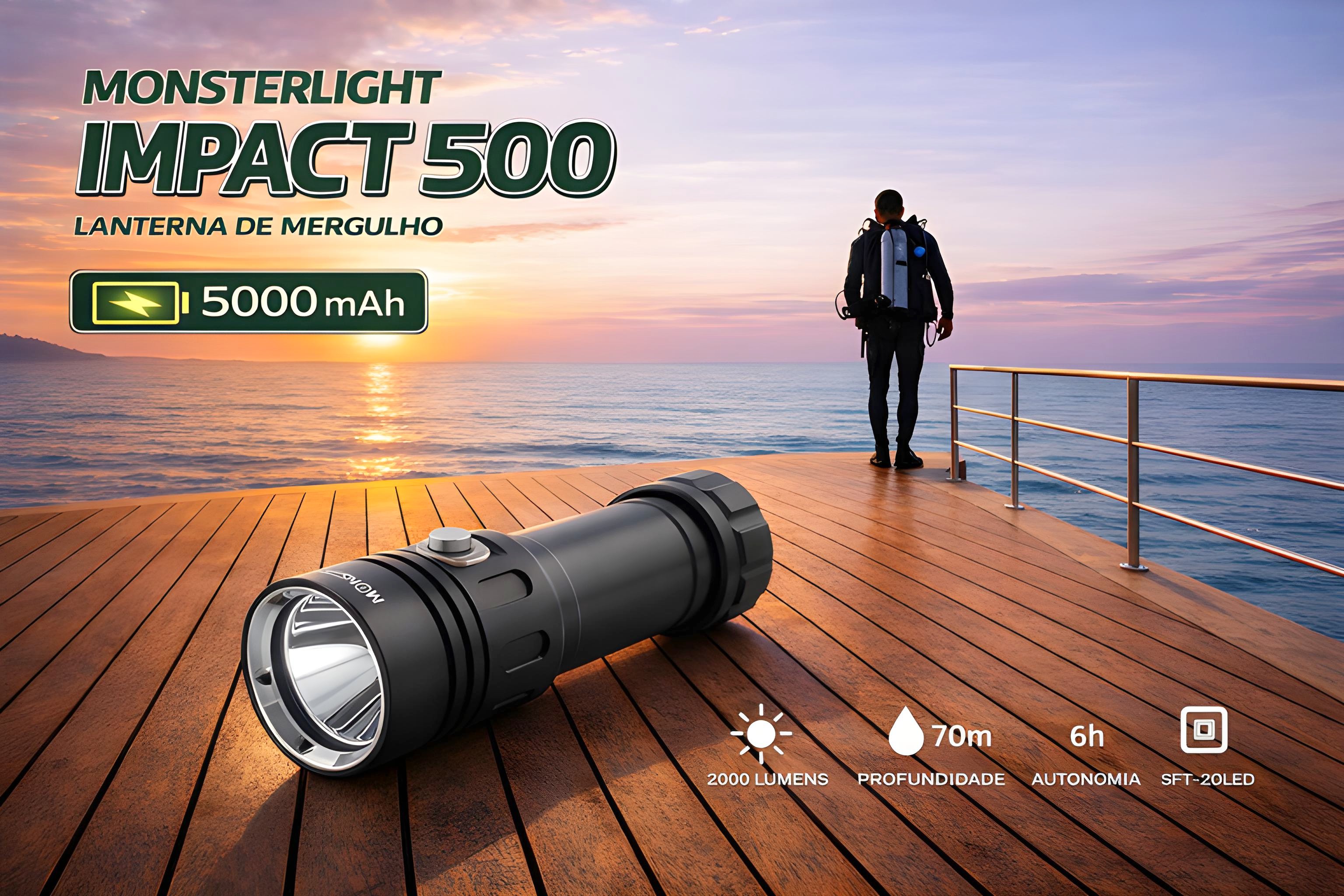 Kit lanterna mergulho MonsterLight Impact 500 com bateria recarregável 