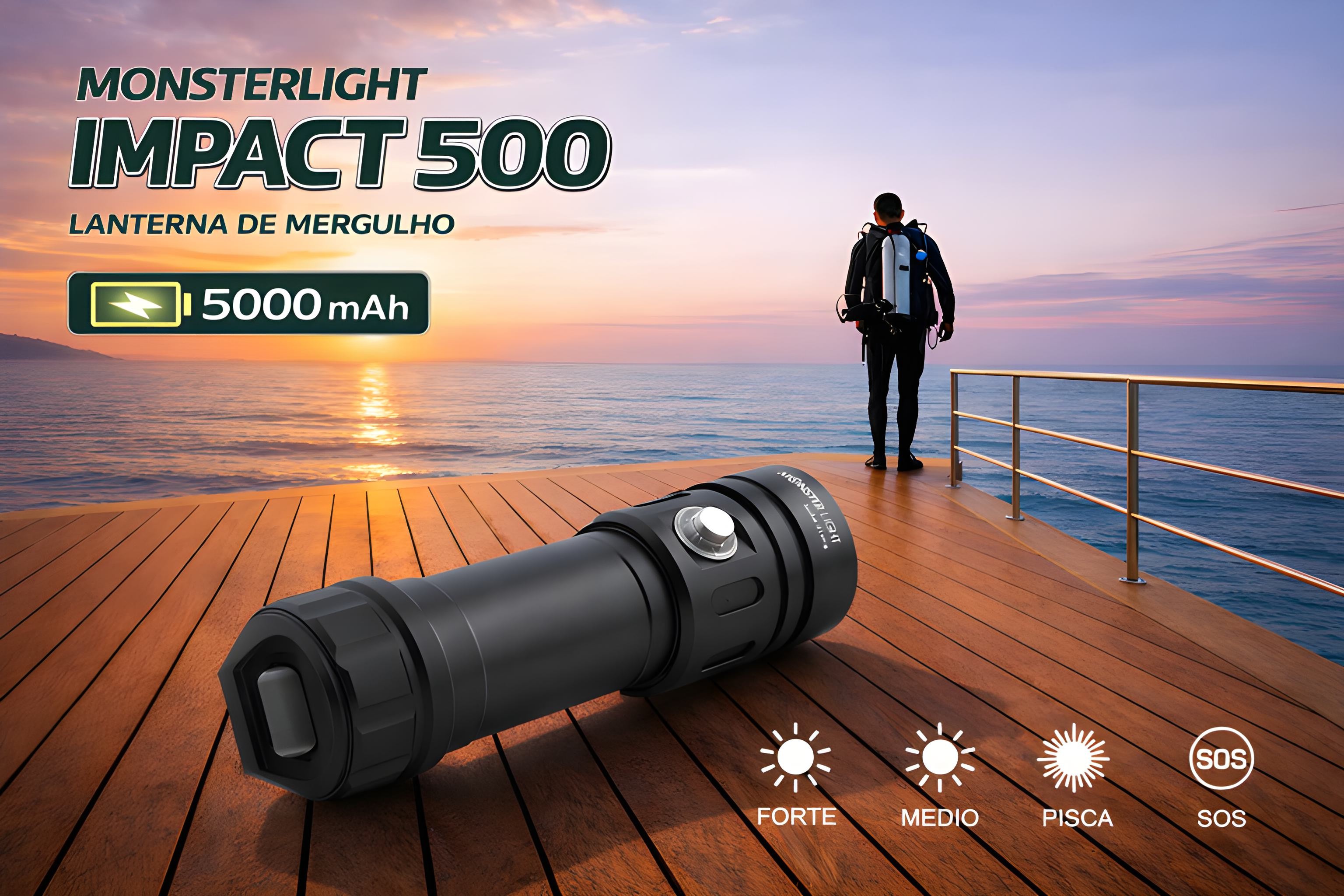 Kit lanterna mergulho MonsterLight Impact 500 com bateria recarregável 