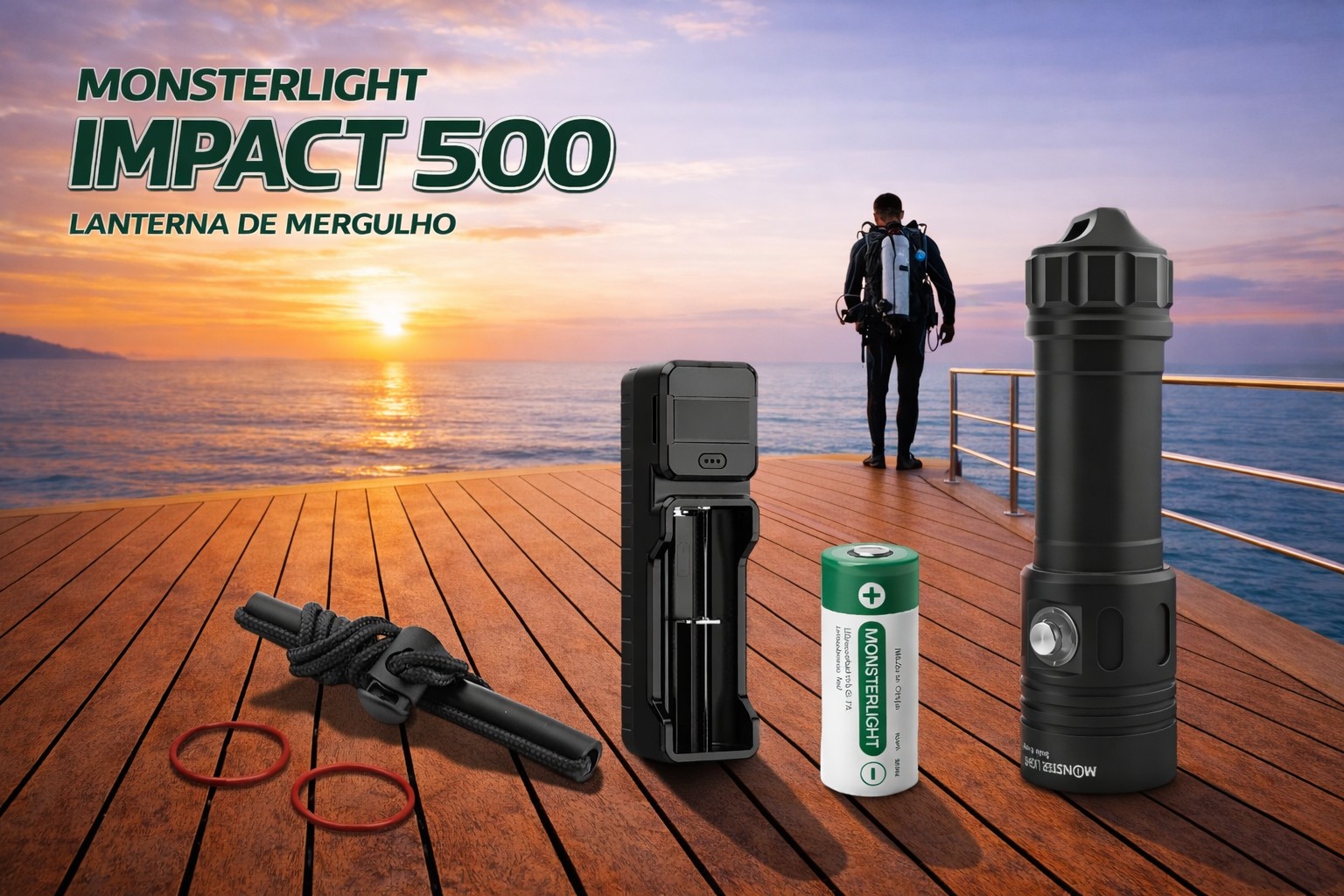 Kit lanterna mergulho MonsterLight Impact 500 com bateria recarregável 