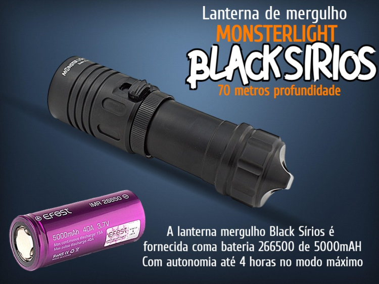 Kit lanterna mergulho Monsterlight Black Sírios com bateria recarregável 