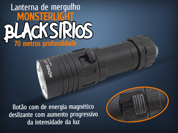 Kit lanterna mergulho Monsterlight Black Sírios com bateria recarregável 